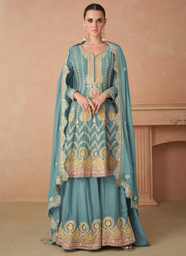 Chinnon Silk Sky Blue Party Wear Embroidery Work Readymade Sharara Suit